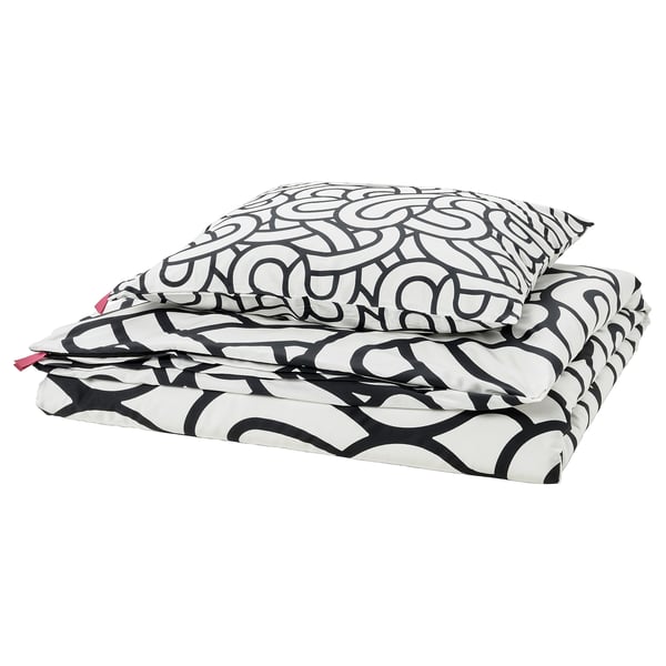 Black & white swirly SÖTRÖNN duvet and pillow set. Soft cotton-viscose, zipped, folded in white background.