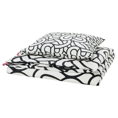 Black & white swirly SÖTRÖNN duvet and pillow set. Soft cotton-viscose, zipped, folded in white background.