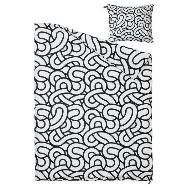 SÖTRÖNN duvet cover & pillowcase set, black/white swirls, cotton/viscose blend, silky soft, zipper closure.