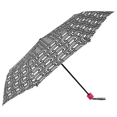 SÖTRÖNN umbrella: black & white geometric design, pink handle, foldable, recycled polyester fabric.