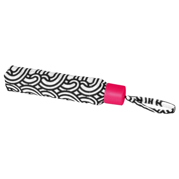 Foldable umbrella, black with white swirls, bright pink handle, recycled polyester fabric, compact shape.