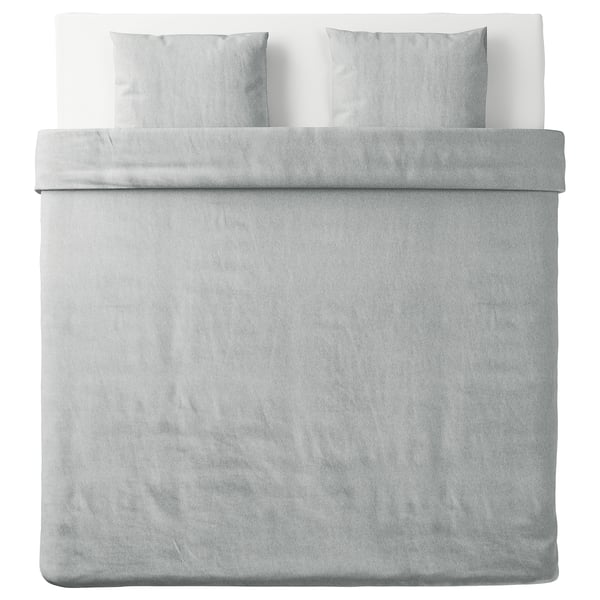 Soft, grey SPJUTVIAL duvet cover in knit cotton, rectangular shape, minimalist design.