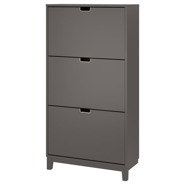 A dark grey STÄLL shoe cabinet with three tiers and cut-out handles for storage organization.