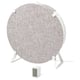 A STARKVIND air purifier in white and gray. Its circular with a fabric cover, standing on three legs, and includes a control panel.