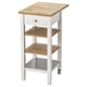 Option: Ikea STENSTORP kitchen trolley, white with wooden shelves, one drawer, four wheels for mobility, perfect for extra storage.