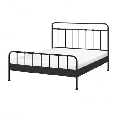 The STJÄRNÖ metal bed frame in black. Its design curved headboard and footboard with vertical bars.
