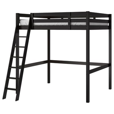 Black loft bed, STORÅ, with ladder on side, wooden, space-saving design.