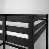 This image shows a dark-colored loft bed with a sturdy ladder, ideal for maximizing small spaces with its compact and versatile design.