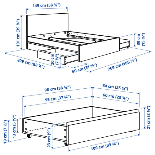 STORKLINTA Bed frame with 4 storage boxes, dark brown oak effect/Lönset, 140x200 cm