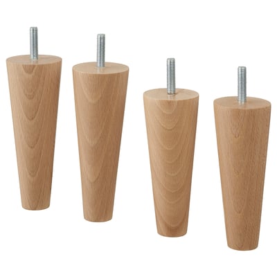 Four light brown, tapered wooden legs with metal screws, designed for furniture.