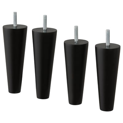 Four black, cylindrical wooden legs with threaded tops, designed for furniture.