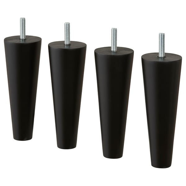Four black conical sofa legs with threaded tops for attachment, made of solid beech wood.
