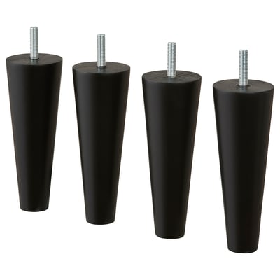 Four black conical sofa legs with threaded tops for attachment, made of solid beech wood.