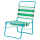 Option: STRANDÖN beach chair. Blue frame, green/white striped fabric. Light, foldable, slim design with zipper pocket.