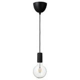 A SUNNEBY pendant lamp with a black cord and a glowing led bulb in a clear glass shade.