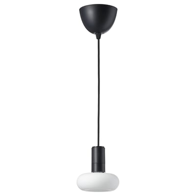 Black pendant lamp with white glass bulb, sleek design, hanging cord, modern look, minimalist style.