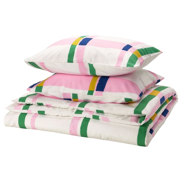 Multicolored SYRABLADMAL duvet set, check pattern, recycled polyester & viscose, envelope closure.