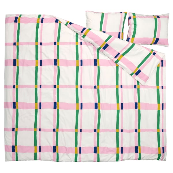 Bright pink and green checkered duvet set with yellow and blue squares on white background, soft and recycled materials.