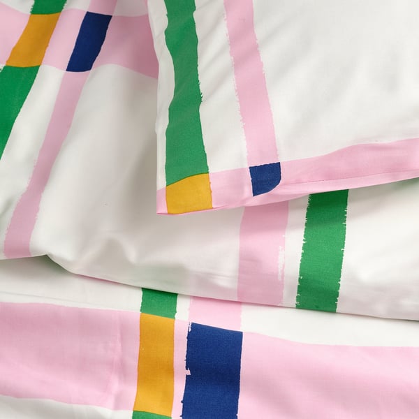 Bright multicolored striped duvet cover set with hand-drawn check pattern. Smooth, cool, and soft fabric. Vibrant design.