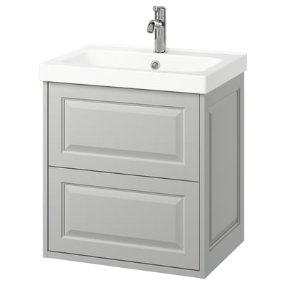 TÄNNFORSEN white vanity, wall-mounted with gray drawers, rounded sink and chrome faucet, elegant design.