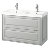 Wall-mounted grey bathroom cabinet with double sink and two drawers.