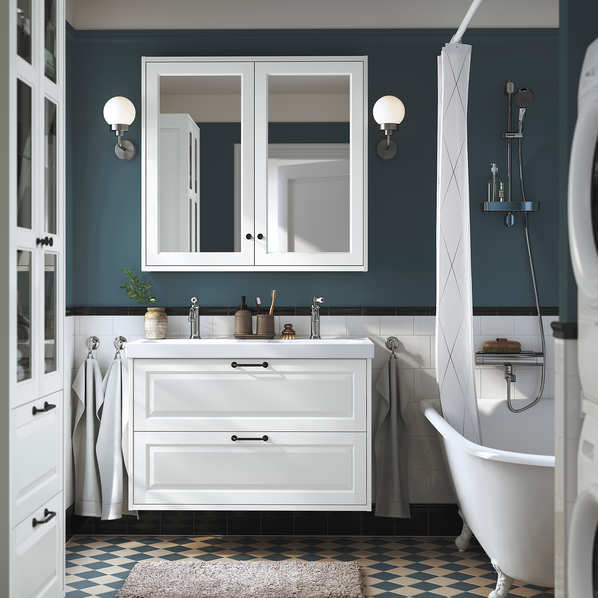White bathroom with blue wall, double sink vanity, checked floor, claw tub, glass shower.