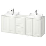 White TÄNNFORSEN double vanity with sinks, cabinets, chrome fixtures.