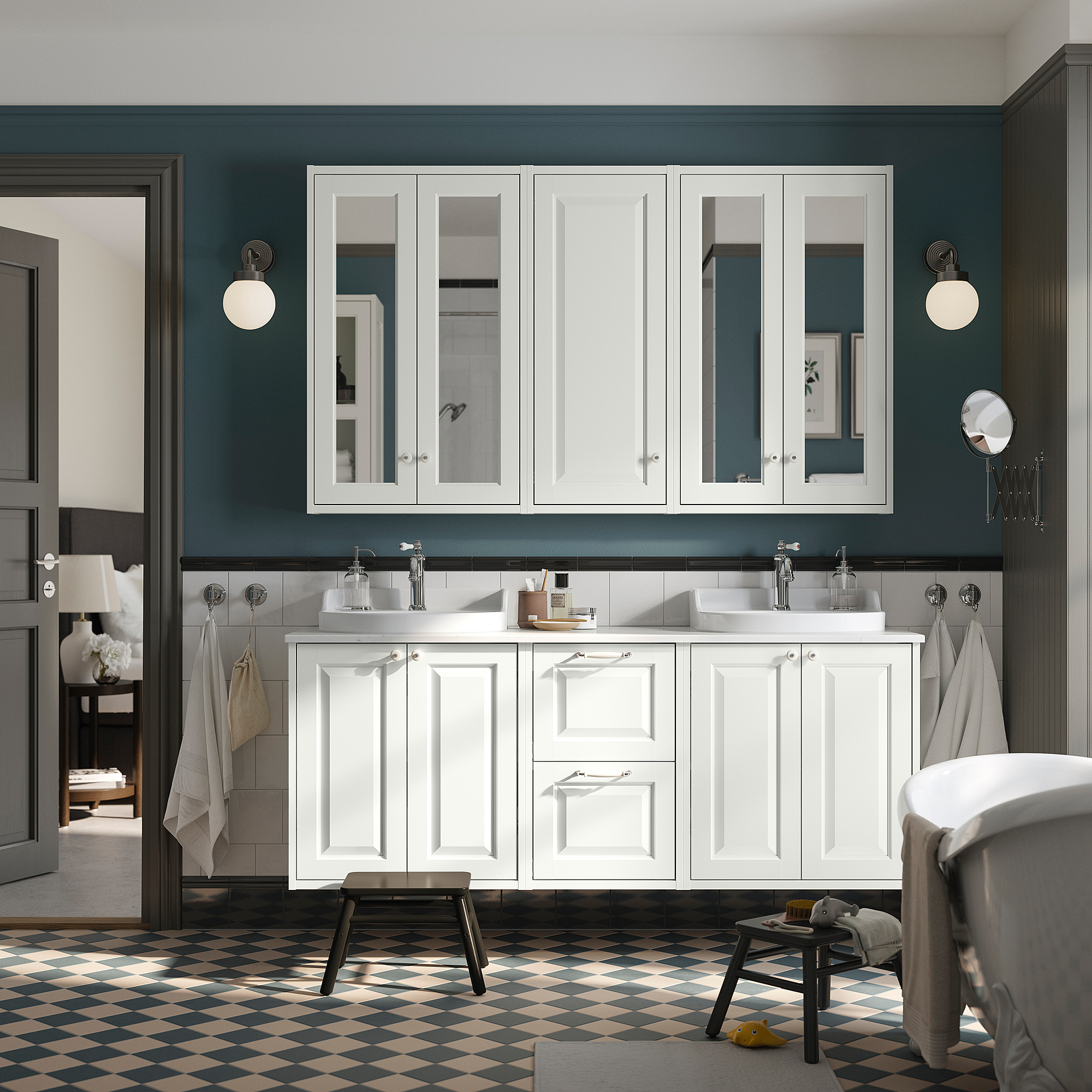 Modern bathroom with large TÄNNFORSEN white cabinets and double basins. Wall-mounted, spacious design with checkered floor and mirrors.