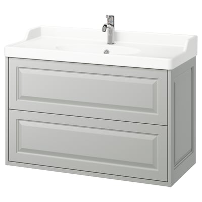 TÄNNFORSEN light gray bathroom vanity. 2 large drawers, ceramic sink, chrome faucet, classic design with beveled edges.