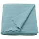 Light blue fleece throw, soft & recycled polyester, folded neatly, scalloped edge.