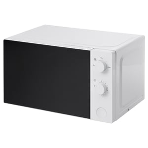 A compact microwave oven, called TILLREDA, in white and black. It has two knobs for controls and is designed for small spaces.