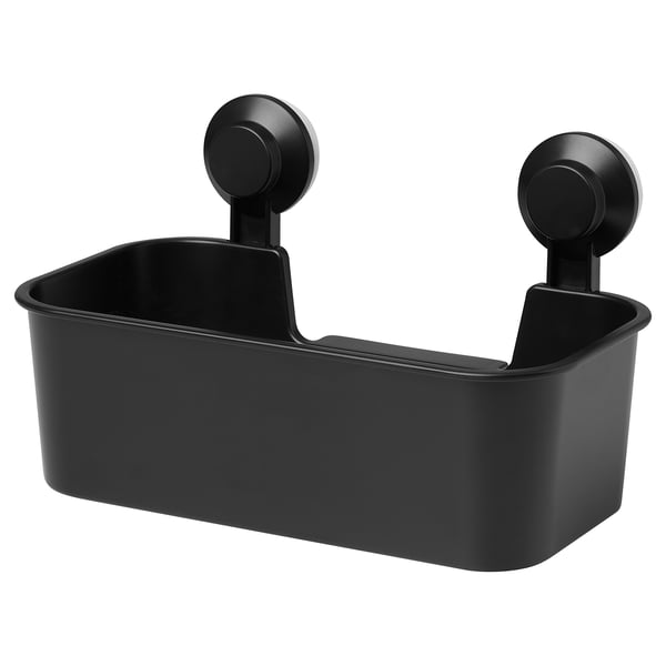 A black TISKEN bathroom organizer, rectangular with two suction cups for mounting on smooth surfaces.