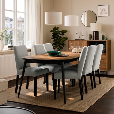 TJÄRKIL / BERGMUND Table and 6 chairs, black walnut veneer/Orrsta light grey, 235x100 cm