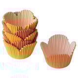 Colorful TJÄRLEK baking cups in yellow, orange, pink with scalloped design, chlorine-free, silicone-treated for easy release.