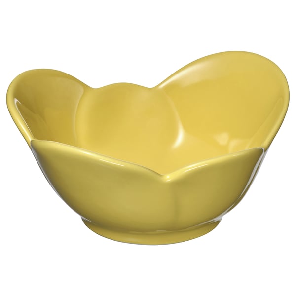 Bright yellow, flower-shaped bowl. Made of stoneware with a glossy finish. Perfect for serving or eating.
