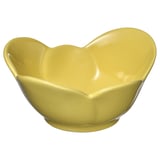 Bright yellow, flower-shaped bowl. Made of stoneware with a glossy finish. Perfect for serving or eating.