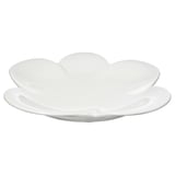 White petal-shaped plate, sleek glaze, stoneware material, intricate design, stylish tableware.