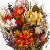 Vibrant dried flowers in warm colors; reds, oranges, and yellows. Lush, high-quality bouquet with various textures.