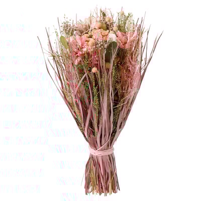 A bouquet named TORKA with light pink dried flowers and green leaves, wrapped in jute rope, standing upright.