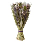 A bouquet of dried plant parts, featuring shades of green and purple, tied with a jute rope, ideal for home decor.