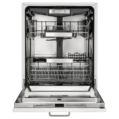 White dishwasher open. Silver handle and racks. Shows clean interior. Space for large items. Modern design.