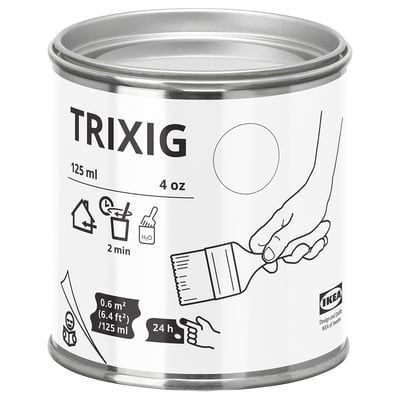 A white cylindrical can of ikea TRIXIG paint, showing black text and graphics, designed for indoor furniture painting.