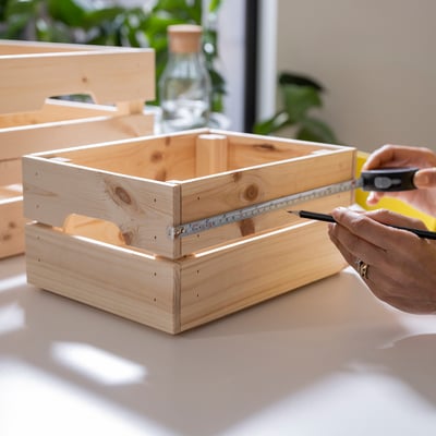 Person using yellow-handled tape measure to mark wood. Measure locks and retracts into abs plastic housing.