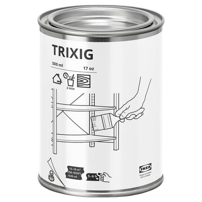 A round white can with TRIXIG on it, featuring a black and white illustration of wood treatment.