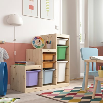 TROFAST Storage combination with boxes, light white stained pine/multicolour, 99x44x91 cm