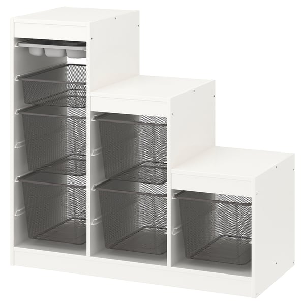 White TROFAST step storage with mesh baskets, ideal for organizing.
