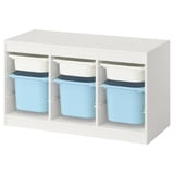 TROFAST storage in white with blue bins. It has a modular design with a wooden frame and plastic bins.
