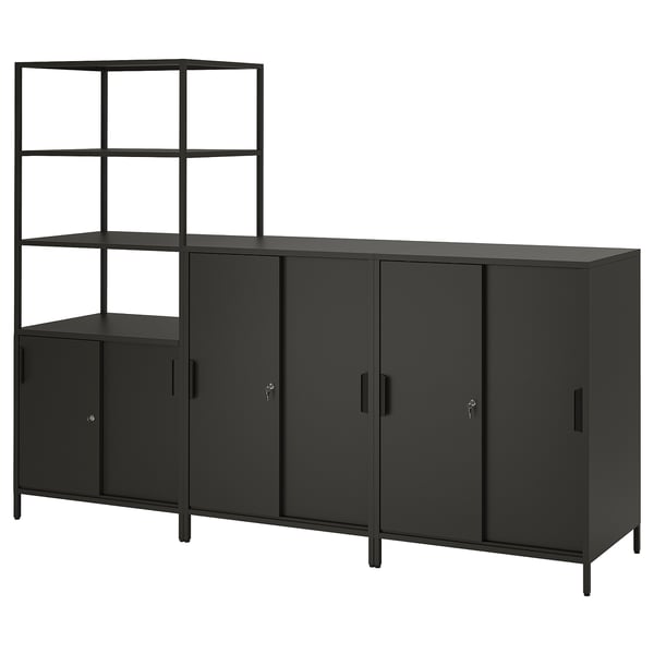 A black trotton double-sided cabinet, featuring both open and closed storage. Its ideal for room division with sliding doors and adjustable shelves.