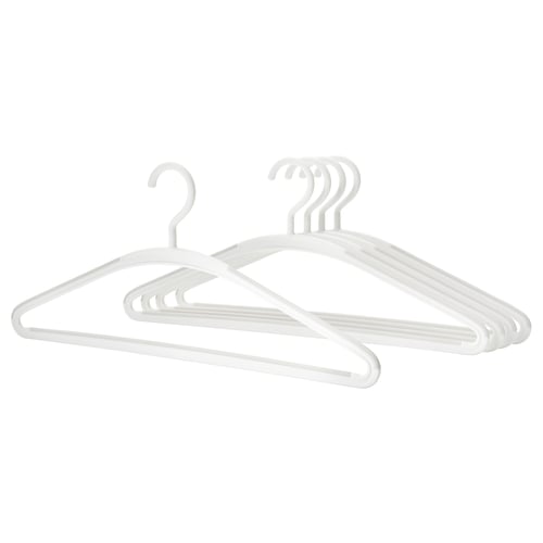 A set of five white TRYSSE hangers. These plastic hangers have a triangular shape with an anti-slip surface and a swivel hook for easy use.