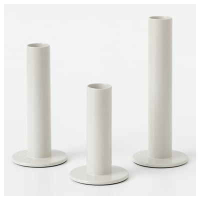 Three white TUVKORNELL candle holders, cylindrical, varying heights, in eva foam, by hagberg siblings.